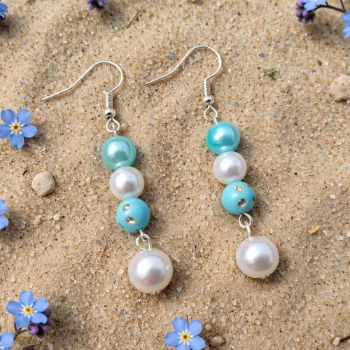 Handmade beaded turquoise and white summer necklace and earrings set new