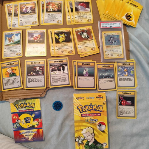Lt Surge Theme Deck Pokemon Gym Heroes with 52 cards and PSA 5 Lt Surge Magneton used