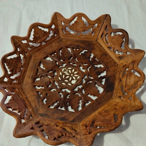 Handmade Indian rosewood carved tray with painting