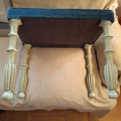 Wooden vintage antique stool 1970, petrol velvet patina