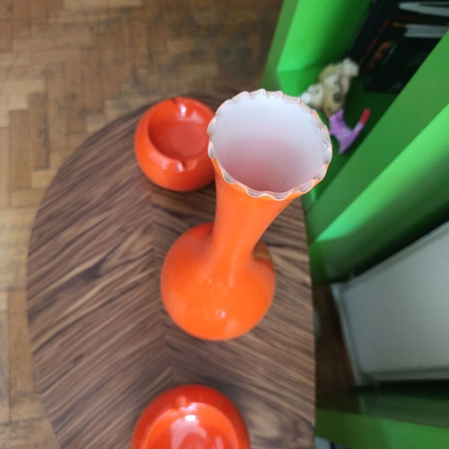 70s vintage vase with matching orange ashtrays used