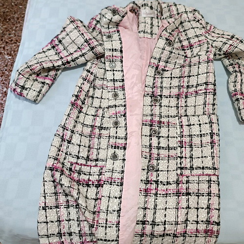 Coat used, no collar, fastens with studs, size M, white multicolor