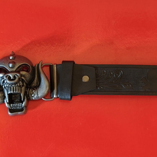 Motorhead leather belt new, 120cm, black with Snaggletooth buckle