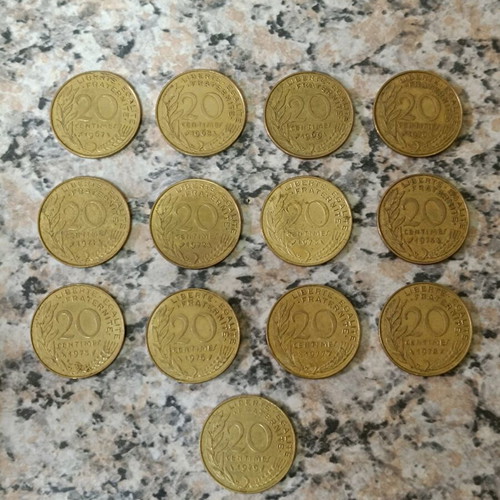 French coin collection used, 13 pieces 20 centimes 1967-1979