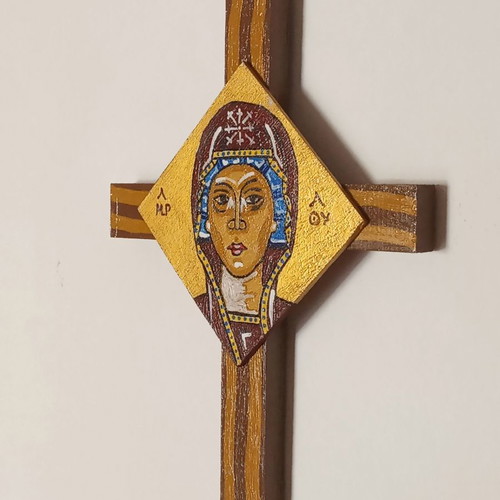 Panagia Megalochari Handmade Cross new with Byzantine style painting