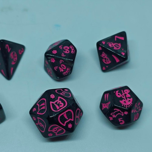 RPG Cat Lovers dice set like new, black and neon pink