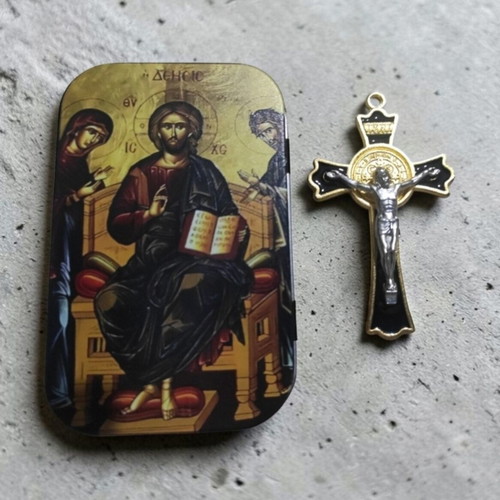Metal box with iconography and ornate crucifix