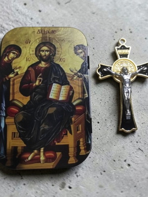 Metal box with iconography and ornate crucifix