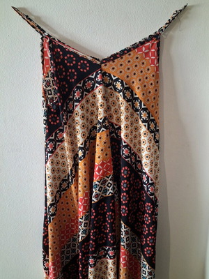Long asymmetrical dress with designs like new, multicolored