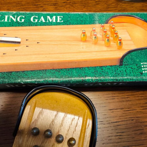 Vintage wooden bowling tabletop game used, 1980s era