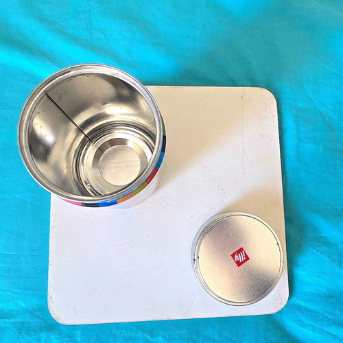 Illy vintage coffee tin, rainbow colors, Love Difference