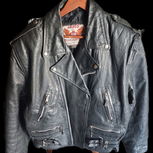 Vintage Akaso Biker Leather Jacket used, size XL, heavyweight black