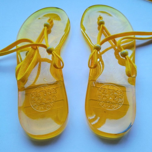 See By Chloe yellow jelly sandals with adjustable wrap ties, size 38