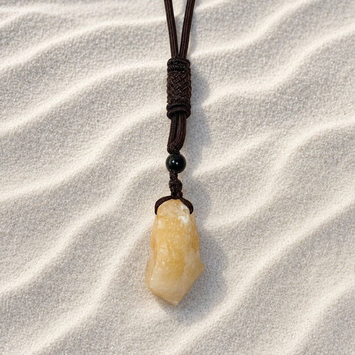 Necklace with cord and raw citrine new, brown and yellow