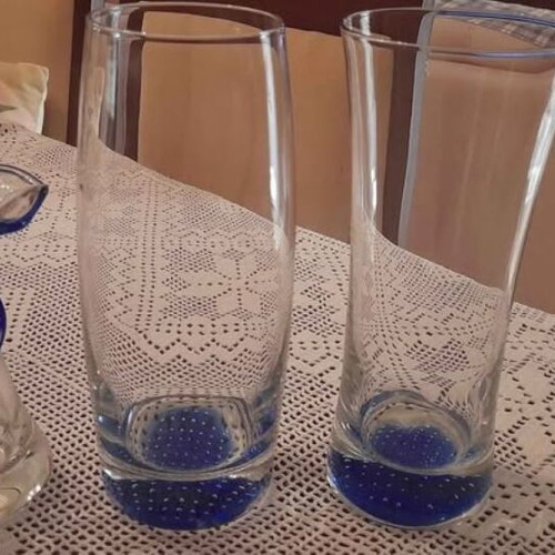 Glass vases with blue base set of two and small vase like new
