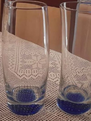 Glass vases with blue base set of two and small vase like new