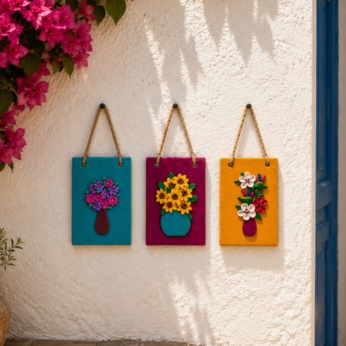 Flowers and vases wall decor like new, handmade from polymer clay