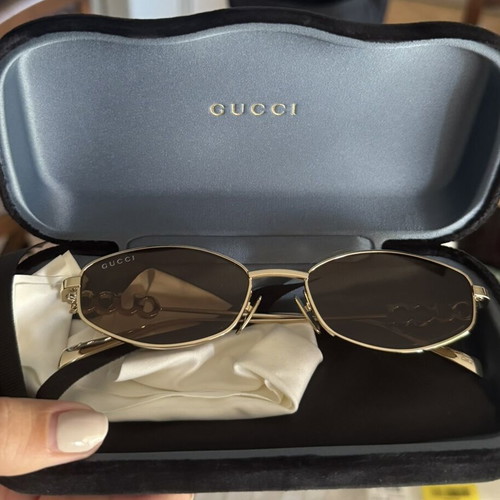 Gucci women's sunglasses GG1802S 005 with gold metal frame and brown lenses new