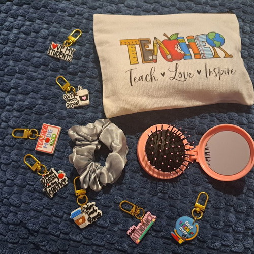 Teacher Gift Set fabric pouch with brush, mirror, hair tie and keychain