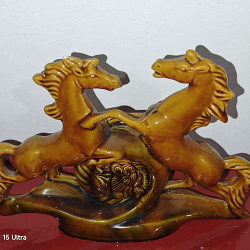 Vintage ceramic decoration with two horses and owl used