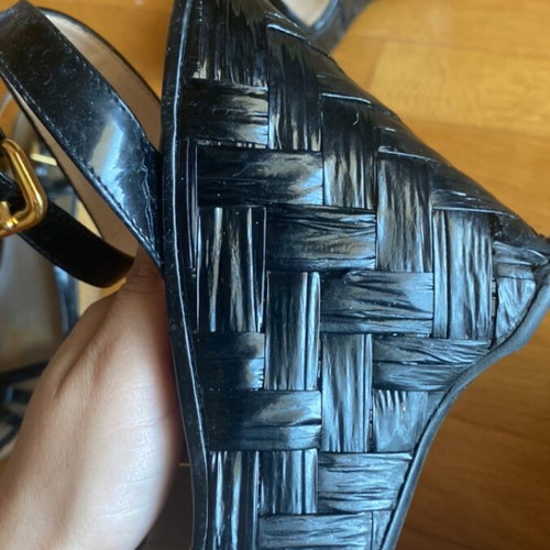 Prada Vernice black patent leather wedge platform sandals, size 36