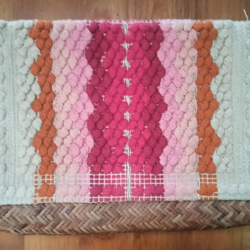 Oysho straw handbag used with boho pom pom design