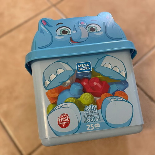 Fisher Price Mega Bloks Elephant Bucket like new with 25 blocks