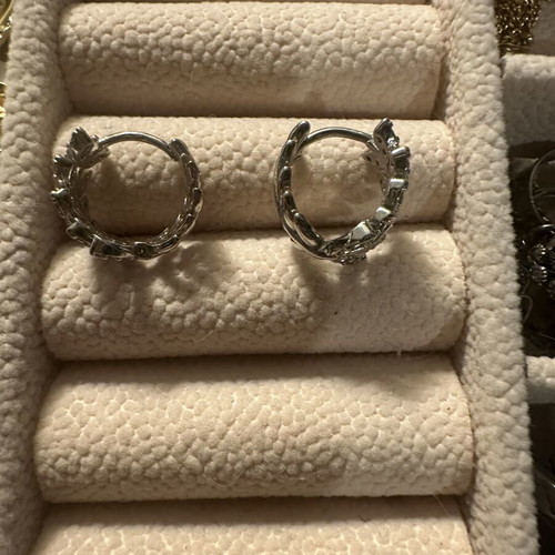 Mini Hoops Earrings with Leaf Pattern like new, silver steel