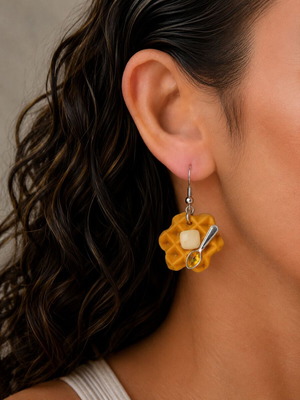 Waffle hanging earrings with butter and honey with polymer clay
