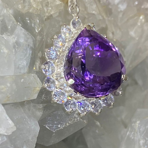 Silver pendant with large cut natural amethyst stone and moissanites, new