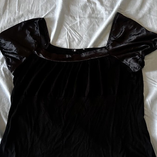 Black women's blouse with satin puff sleeves, L/XL