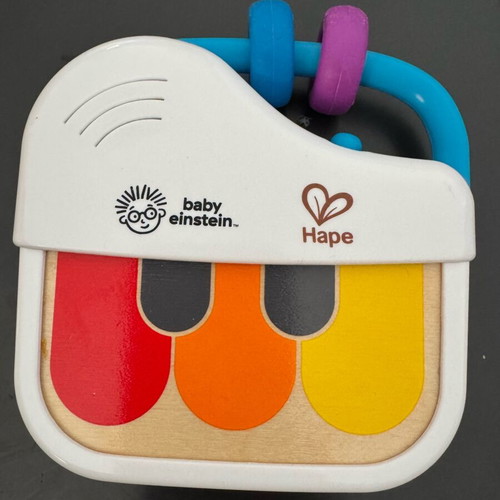 Hape mini piano magic touch wooden like new with two rattles, 3 toys