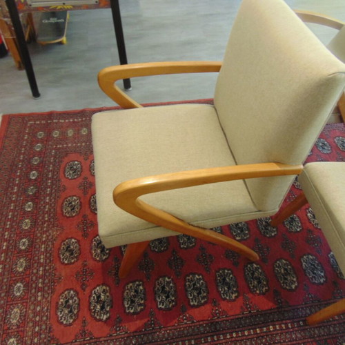 Vintage Danish armchair and 2 chairs with side table, fully refurbished