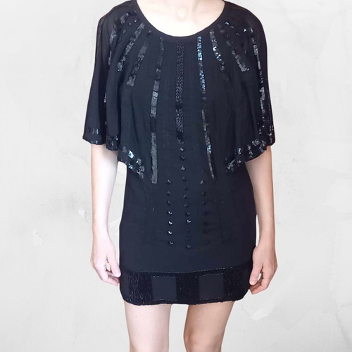 French Connection black short dress with rhinestones used, size Small UK8
