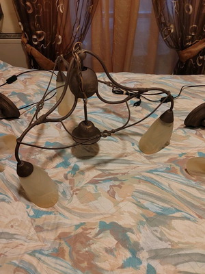 Handmade metal lighting set like new, 3-light ceiling and 2 wall sconces
