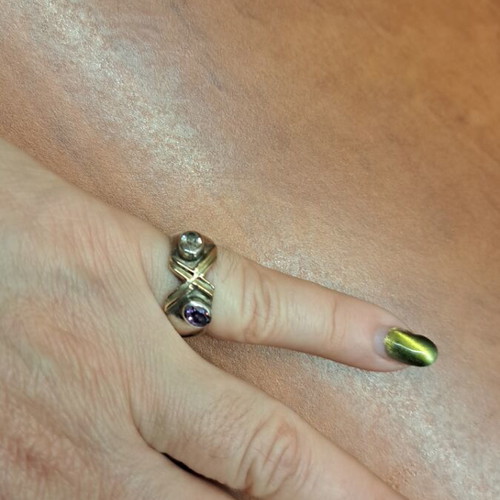 Silver ring like new with gold double X and amethyst, zircon stones
