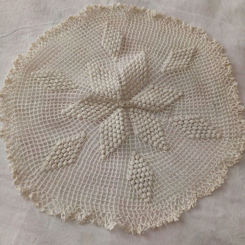 Two small handmade crochet round table linens used, beige and brown