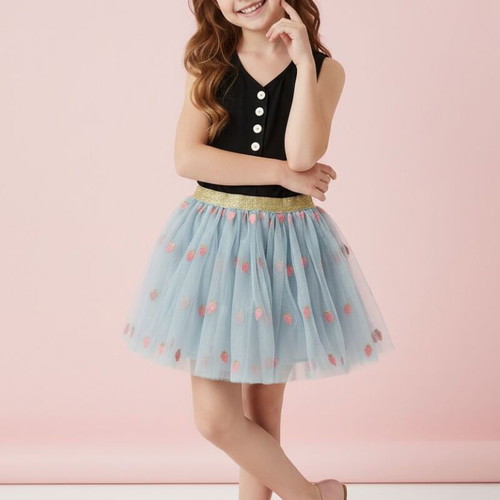 Light blue skirt with tulle and strawberries for age 6 like new