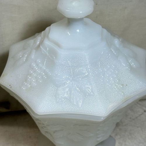 Vintage Milk Glass Candy Dish with Lid embossed grapes 20 cm used