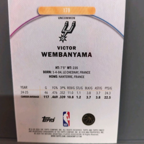 2025-26 Topps Finest Victor Wembanyama Uncommon Purple 018/200 San Antonio Spurs new