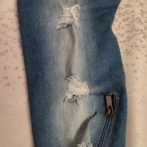 Over-the-knee boots used, blue with 9cm high heel and distressed design