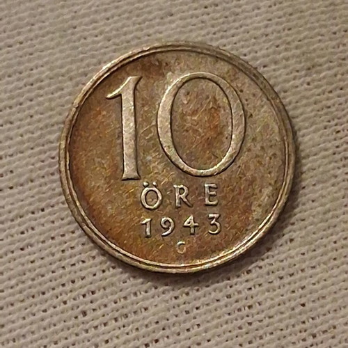 10 Ore Coin 1943 Sweden used, 40% silver