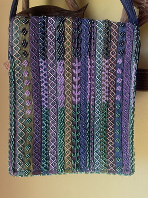 Blue cotelé crossbody bag with embroidered beads