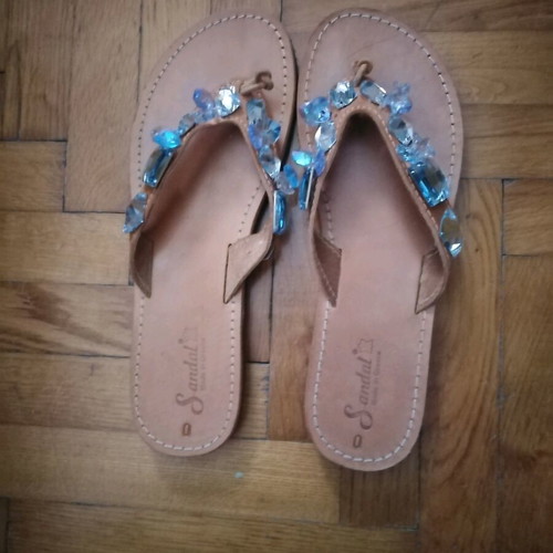 Handmade women's sandals like new, genuine leather, beige with blue stones, size 40-41