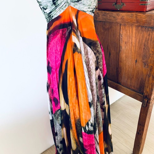 Maxi Dress Veloudakis new, 100% silk, size S-M, multicolor