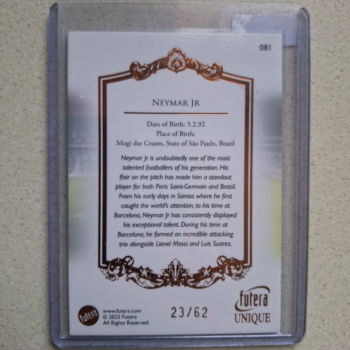 Neymar Junior Futera Forward 23/62 card new, authentic