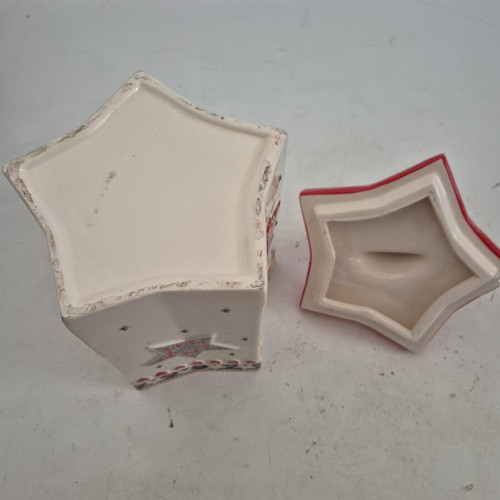 Christmas ceramic container with lid decorated with Santa Claus and trees