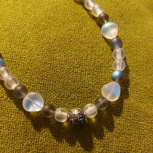 Handmade necklace and ring set like new with matte grayish-blue beads
