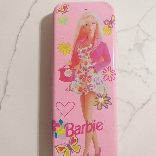 Barbie 1994 metal pencil case used vintage with notepad and pencil