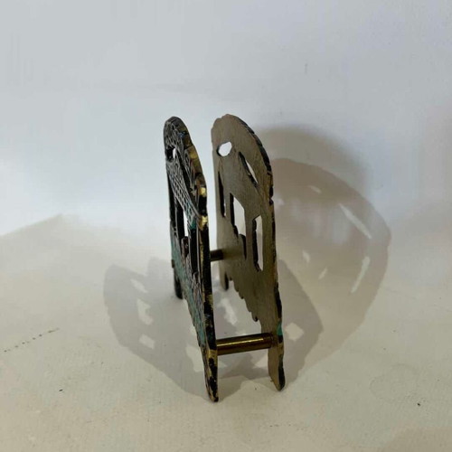 Vintage brass napkin holder with The Last Supper enamel design used